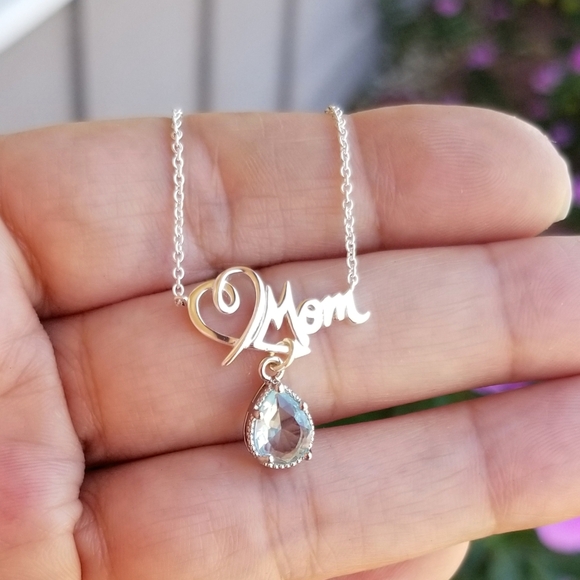 Sterling Silver Mom Pendant Necklace, Aquamarine Necklace, Mothers Day Gift - Picture 6 of 7